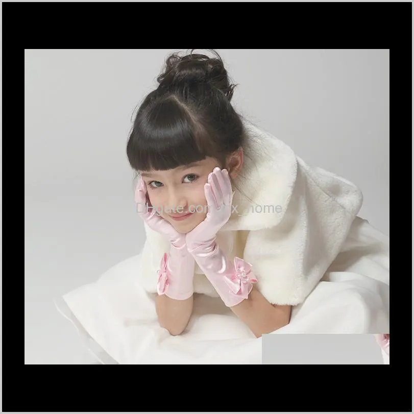 pearl bow beads flower ribbon butterfly silk children girls wedding dresses gloves kids formal full dress figer gloves mittens d4862