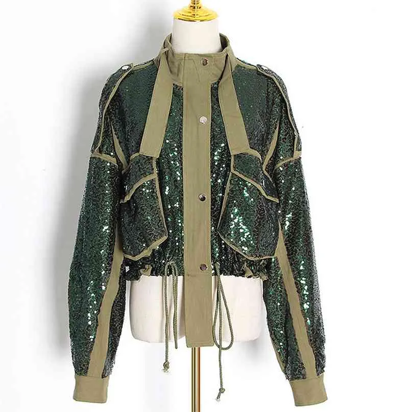 Chic Heavy Sequins Patchwork Jacket Kvinnor Vår Dubbelfickor Drawstring Coat European American Style Långärmad Toppar 210519