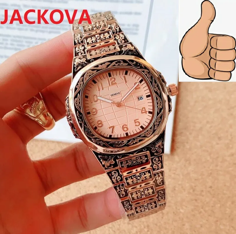 Factory Quality Mens Quartz Set Auger Leisure fashion Watches 40mm Full Stainless Steel Waterproof Watch gift engraved flowers Ske232K