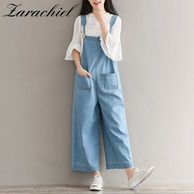 Höst Loose Denim Vintage Suspender Jeans Ankellängd Wide Leg Pant Women Jumpsuit Overaller Stor storlek 210416