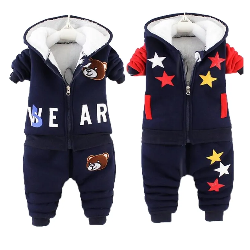 Zima Baby Boys Odzież Zestawy Cartoon Toddler Dziewczyny Ciepłe Kapturem Płaszcze Spodnie Suit Kids Grube Dres Ubrania Zestaw 211224