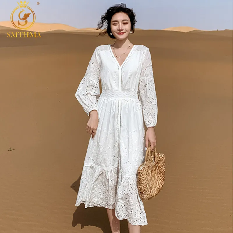 Autumn Vintage Women Full Sleeve White Lace Long Dresses Vocation Holiday Clothes Vestido Da Festa 210520