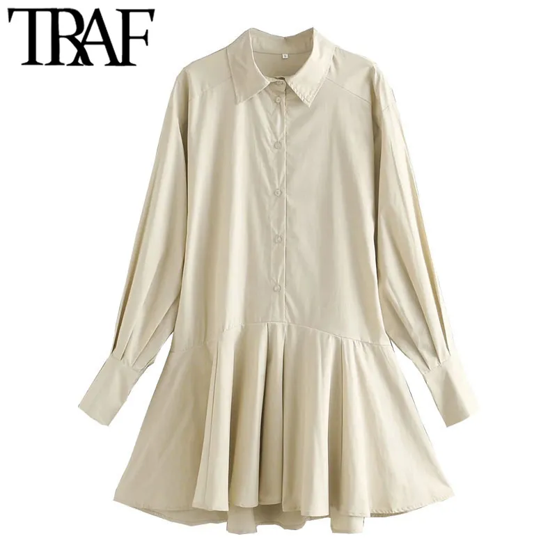 TRAF女性シックなファッションボタンフリルミニシャツヴィンテージ長袖プリーツ女性ドレスVestidos Mujer 210415