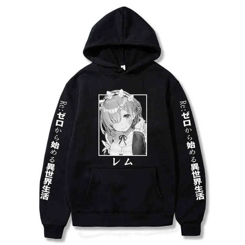 Re: Zero Restarting Life from Zero in New World Print Hoodie Anime Harajuku Rem Ram سترة الخريف طويلة الأكمام حجم كبير H1206