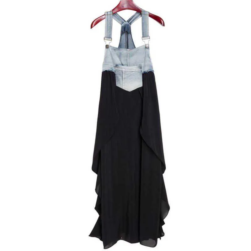 Perhaps U Denim Patchwork A-Line Maxi Dress with Strap Hanger - Sleeveless, Long Summer Wear (D0774 210529)