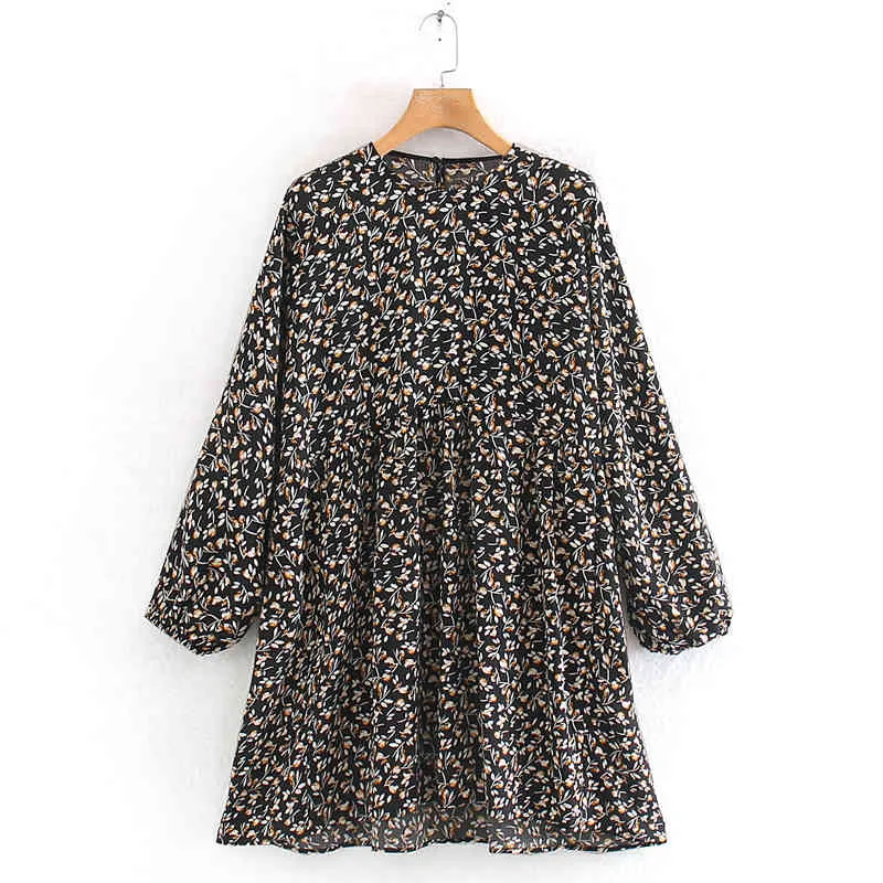 Women Fashion Prairie Chic Printed Dress Female Loose O Neck Dresses Elegant Ladies Long Sleeve Mini Dresses Casual Outfit 210520