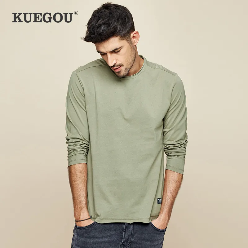 Kuegou 100% Cotton Men's Long Sleeve T-shirt Pure Contracted Fashion Pure Color Render Olänkad övre plagg Toppstorlek ZT-7767 210524