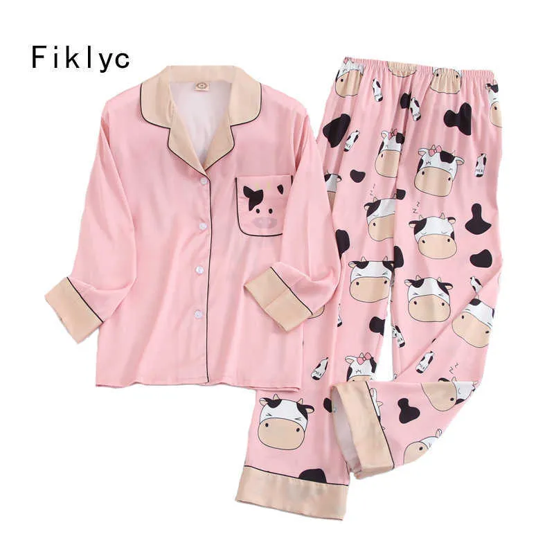 Fiklyc Unterwäsche Kuhdruck Damen Süße lange Hosen Herbst Pyjamas Sets Femme Faux Seide 2-teilige Pyjamas Pyjamas Sets Damen Q0706