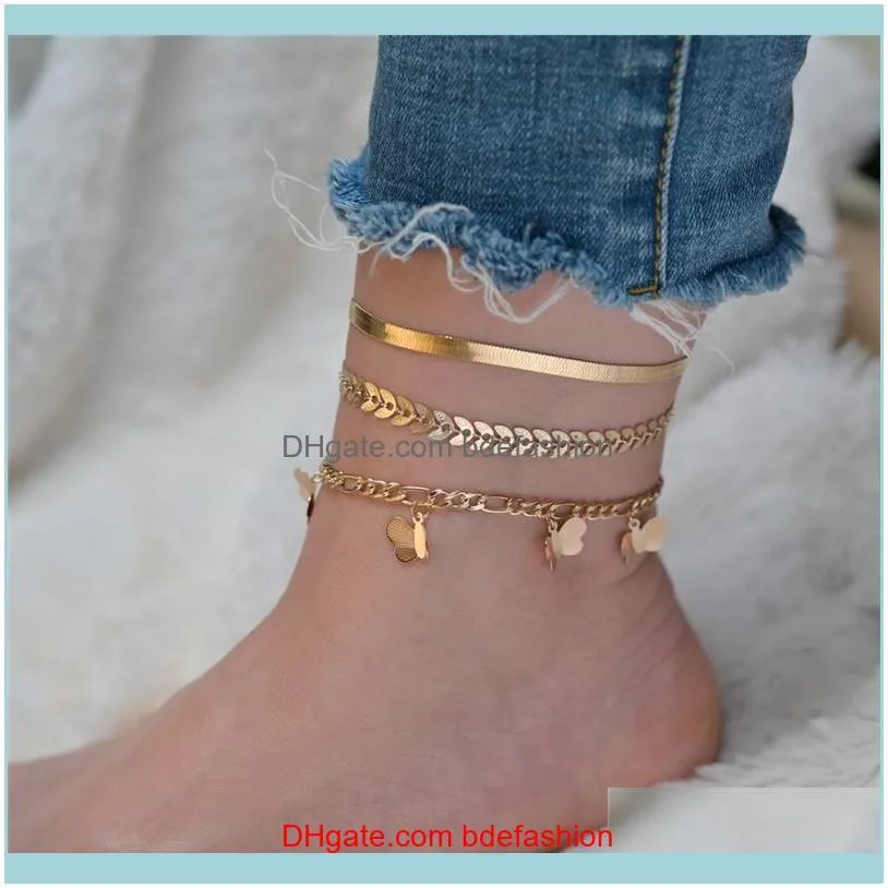 3pcs/set Fashion Gold Color Simple Chain Butterfly Pendant Anklet Jewelry for Women Gifts