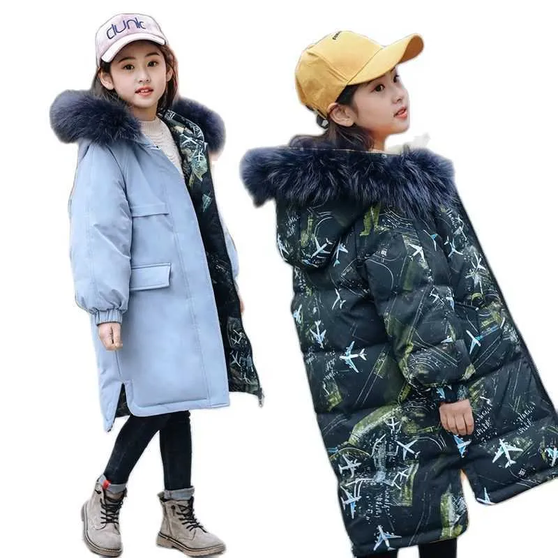 Winter Down Jacket for Teenage Girls Boys Big Fur Collar Hooded Long Parka Coats School Kids Clothes Teen Children Overcoat 10 9 H0909