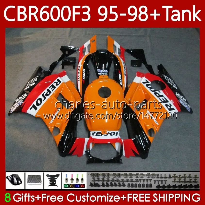 Karosseri + tank för Honda Repsol Orange CBR 600 F3 CC 95-98 Kropp 64No.2 CBR 600FS 600F3 CBR600 FS CBR600F3 95 96 97 98 CBR600-F3 600CC CBR600FS 1995 1996 1997 1998 Fairing