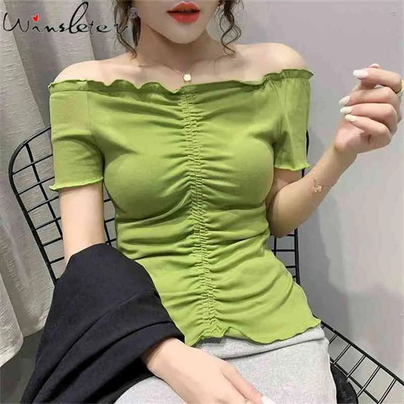 Camiseta ajustada de algodón para mujer, camiseta sencilla de Color sólido con hombros descubiertos, camiseta informal coreana de verano, ropa para mujer T03019B 210421