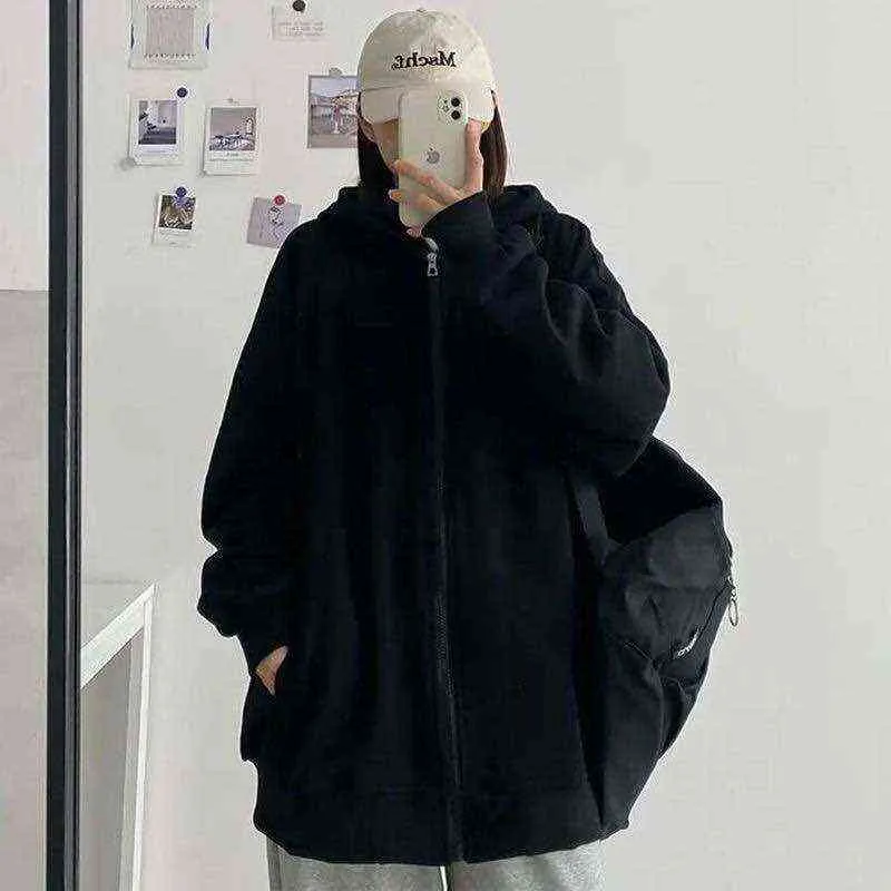 Höst Vinter Kvinna Harajuku Koreansk version Hooded Sun Protection Coat Retro Student Girl Top Kvinnor Hoodie Zipper Sweatshirt 211108