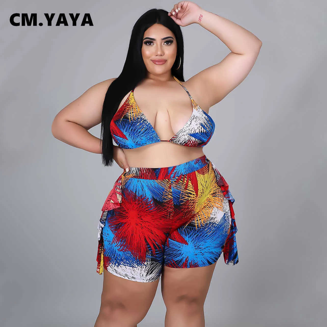 CM.YAYA Mulheres Plus Size Set Imprimir Bandagem Halter Bra Bra Tops Skinny  Shorts Dois 2 Peças Sets Sexy Night Clubwear Outfits Verão 2021 X0709 De  $102,81