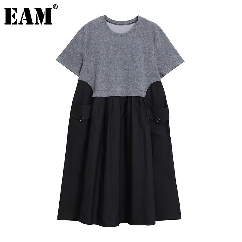 [EAM] Women Gray Spliced Big Size Ruffle Dress Round Neck Short Sleeve Loose Fit Fashion Spring Summer 1DD8184 210512