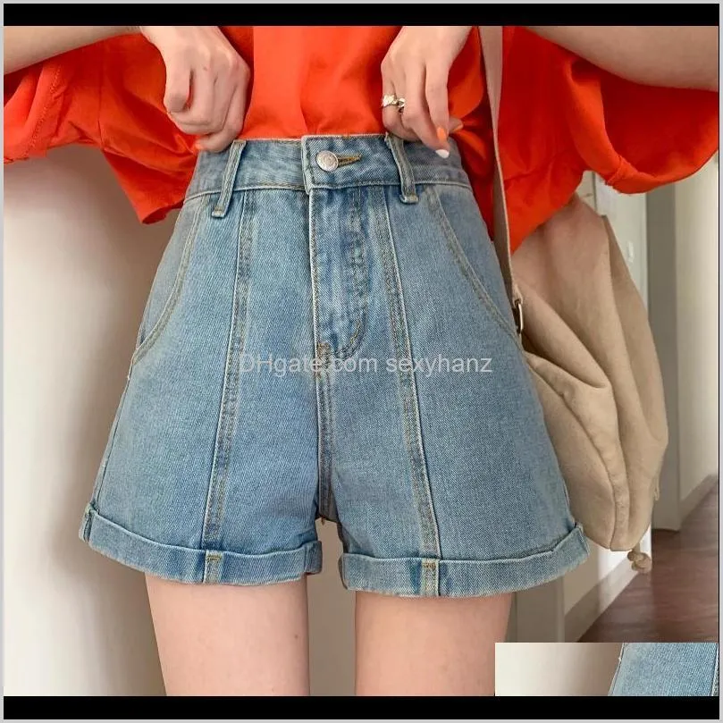 7 colors 100% cotton 2021 summer denim roll up shorts women loose wide high waist shorts jeans ladies casual purple lilac