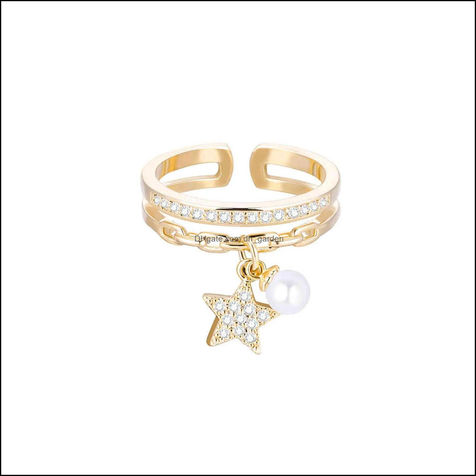 Gold Silver Color Ring for Women Classic Adjustable Size Plus Imitation Pearl Cz Star Pendant Elegant Jewelry Accessories 2021