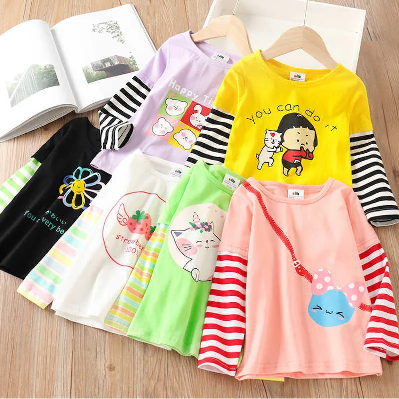 Primavera Outono Fashion 2 3 4 5 6 7 8 910 Anos Bonito Algodão Listrado Cor Retalhos Dos Desenhos Animados T-shirt Básico para Crianças Baby Girls 210529