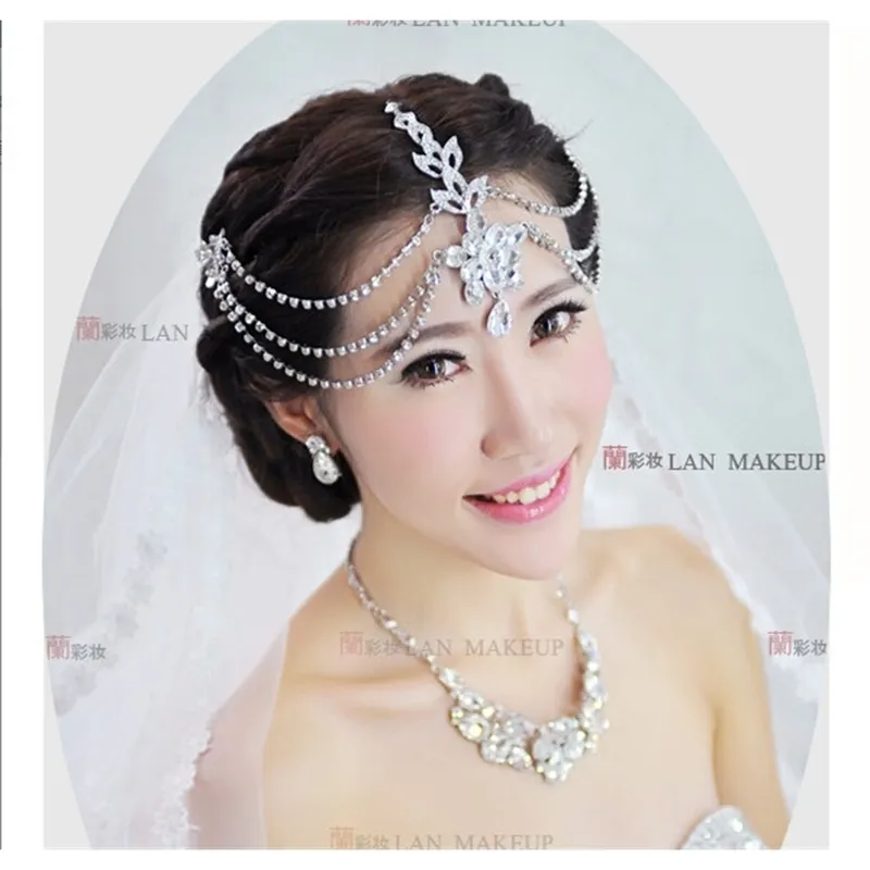 Silver Plated Crystal Indian Hair Accessories Head Jewelry Forehead Pieces Wedding Tiaras Bridal Chain 210701