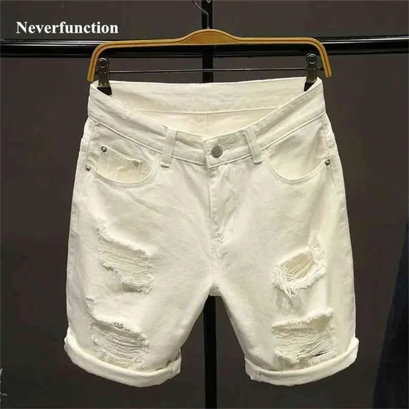 Summer white Men Ripped Loose Straight Jeans Short Fashion Hip hop Bermuda Holes male Solid color Casual Beach Denim shorts 210806