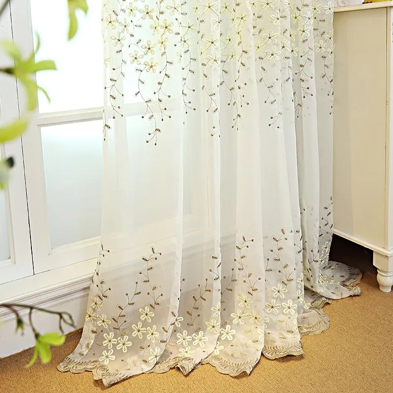 Embroidered Flower White Tulle Curtains For Living Room Beige Sheer Bedroom Finished Voile Curtain Drapes #4 &