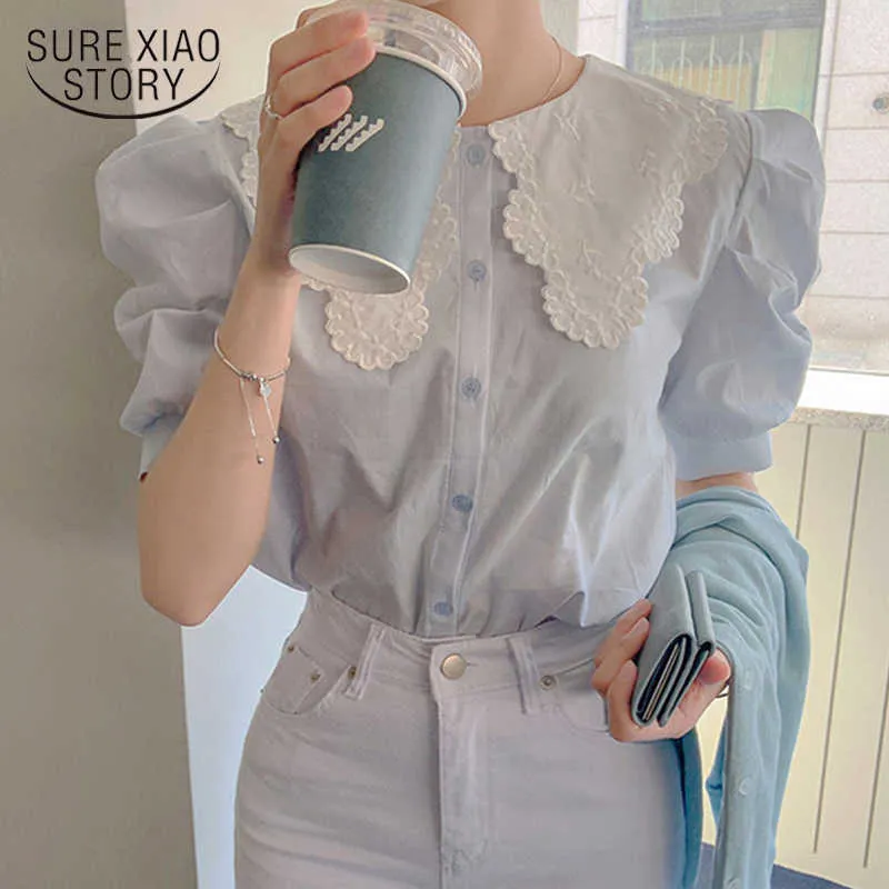 Корейский с коротким рукавом летняя блузка женская мода сладкие кнопки свободная синяя рубашка шикарный кукольный воротник лоскутные вершины 13846 210528