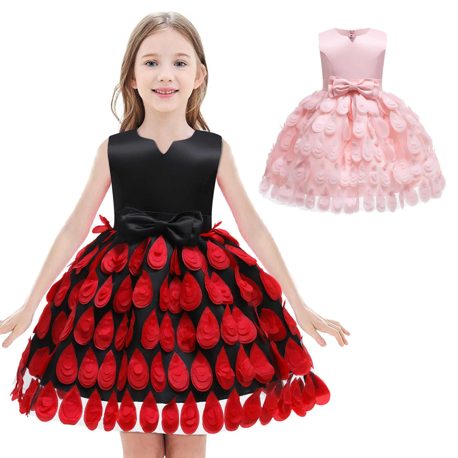 Summer Children Bez Rękawów Feather Net Set Sukienka Princess Catwalk Dzieci Dziewczyny Korant Suknia Birthday Party Dress Q0716