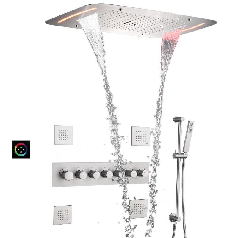 Brushed LED Rain Shower System Set 28X17 Inch Large Bathroom Waterfall Rainfall And Thermostatic Message Sprayer Body Jets Multi Functions Work Together