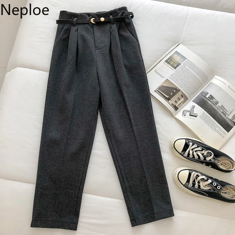 Neploe Frühling Koreanische Frauen Harem Hosen mit Gürtel Hohe Taille Slim Fit Formale Trouers OL Einfarbig Elegante Casual Jogginghose 210422