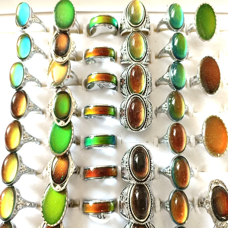 50pcs Men Women Change Color Mood Ring Emotional Temperature Male Female Fashon Ring Silver Tone Alloy Retro Vintage Jewelry Wholesale Lot