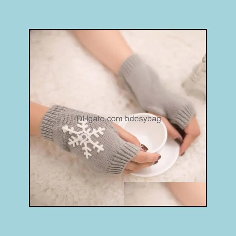 Women Stylish Snowflake Print Hand Warmer Winter Gloves Arm Crochet Knitting Faux Wool Mitten Warm Fingerless Glove