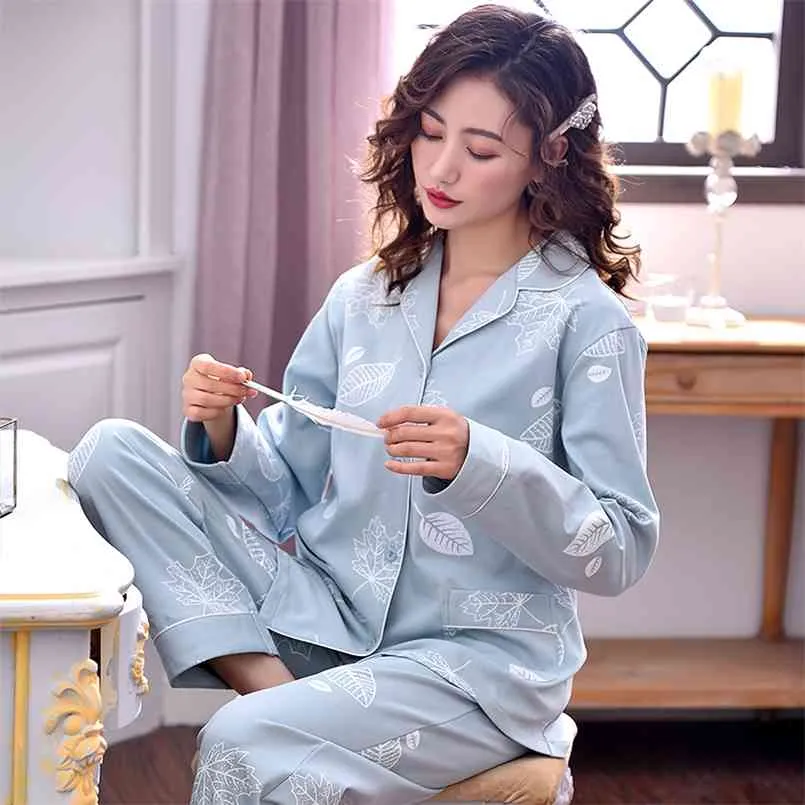 Vrouwen 100% katoen pyjama pj winter herfst lange mouwen knop-down print pijamas pure nachtkleding set 2 stks pyjama femme 210809