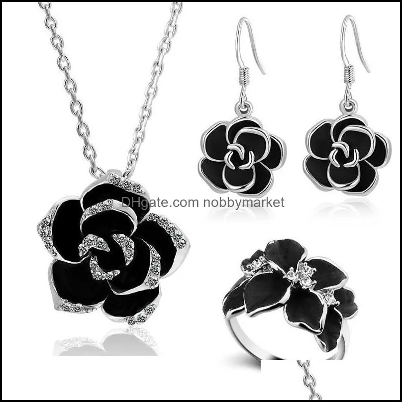 Earrings & Necklace Enamel Jewelry Dance Party Gifts Black Camellia Ring Drop Pendant 3pc Set