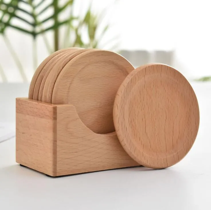 6pcs/set Wooden Coasters Set Round Beech Wood Cup Mat Bowl Pad Cup Holder Home Kitchen Tools