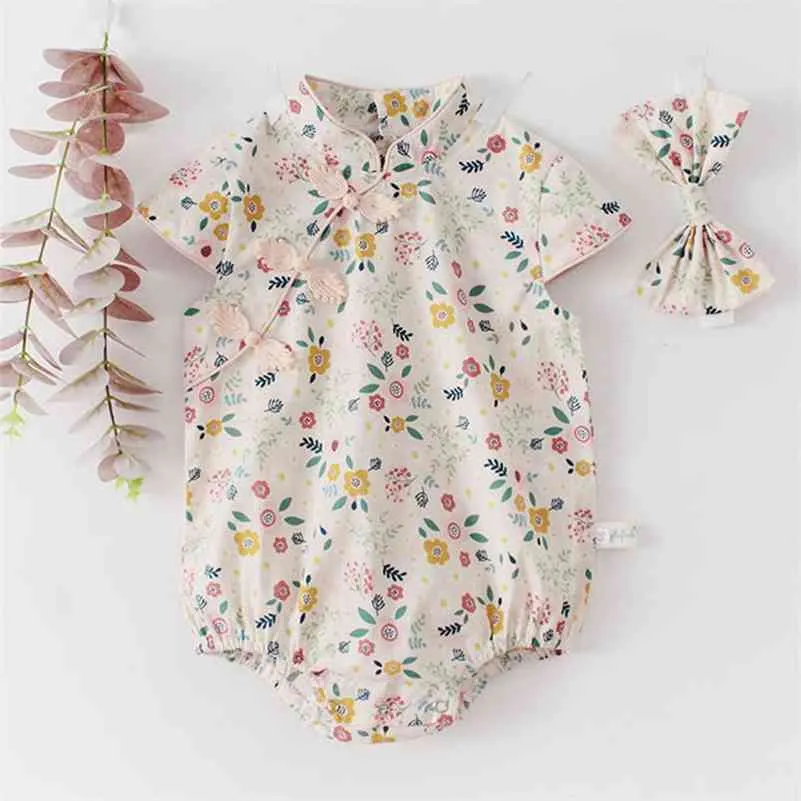 Summer Baby Girls Rompers Vêtements Bodys Floral Cheongsam + Bande de cheveux Body pour bébé 210429