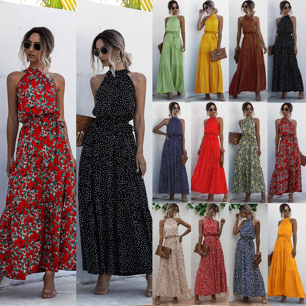 Kobiety Maxi Dress Sexy Floral Print Off Ramię Halter Neck Strap Lato Suknie Dorywczo Ruffles Lace Up Beach Boho Sundress