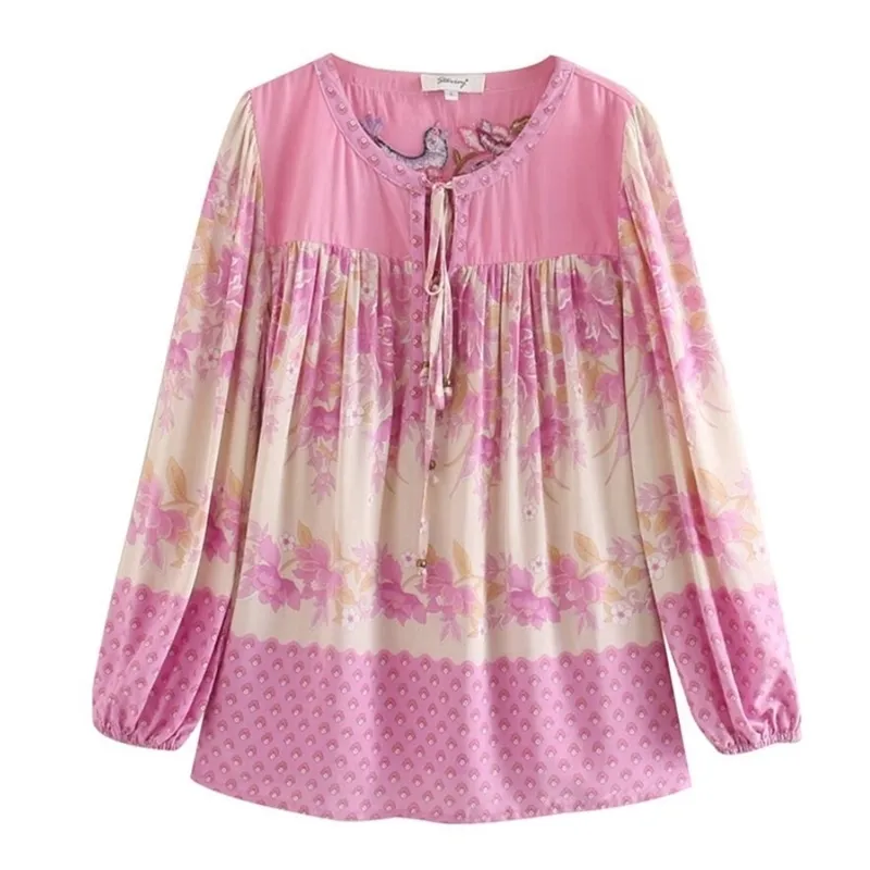 Bohemian cor-de-rosa laranja floral impressão pulôver camisa étnica mulheres sino curva lace up o pescoço de manga comprida blusa tops 210429