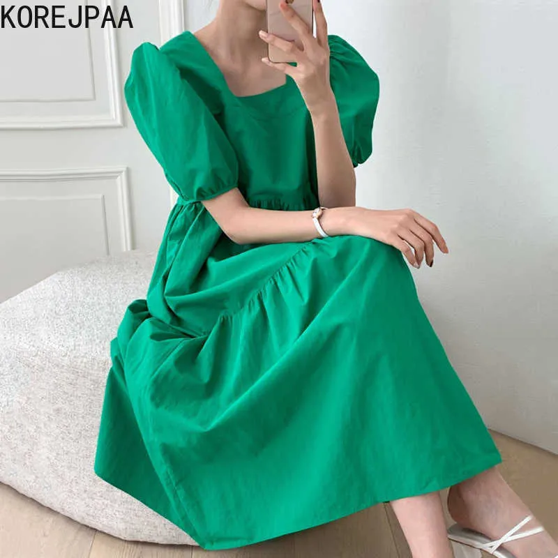 Korejpaa Damesjurk Koreaanse Simple Temperament Solid Color Square Collar Fold Design Losse Bubble Sleeves Big Swing Vestido 210526
