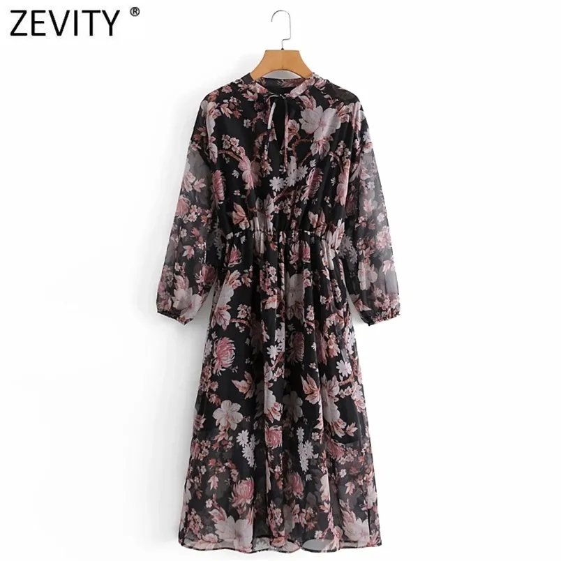 Kobiety Vintage V Neck Flower Print Elastyczna Talia Szyfonowa Midi Dress Lady Z Długim Rękawem Casual Slim Party Vestido DS4729 210420