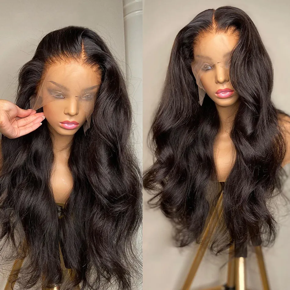 Body Wave Human Hair Wigs 4x4 5x5 13x4 Transparent spets peruk för svarta kvinnor 30 32 34 36 38 40 tum Förplockad naturlig hårfäste