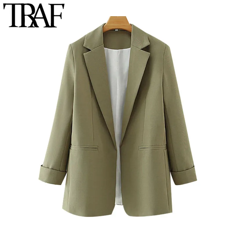 Traf女性のファッションオフィスを着る基本的なブレザーコートヴィンテージ長袖ポケット女性の上着シックなトップ210415