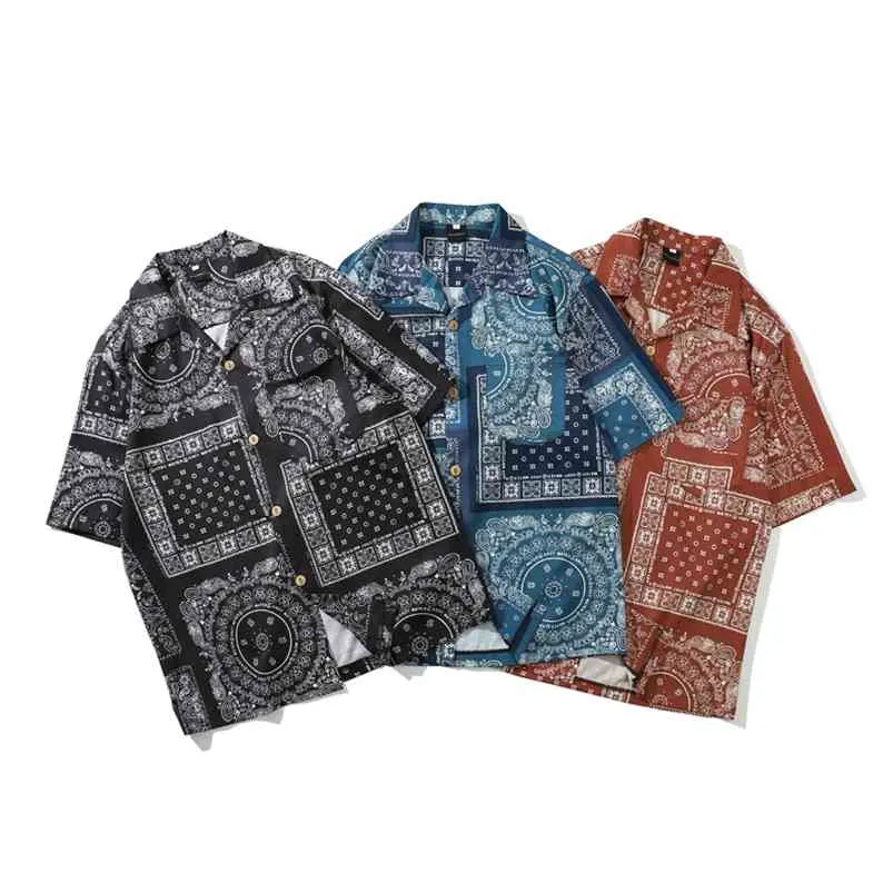 Zomer heren shirt harajuku bandana shirts voor mannen vrouwen knop omhoog korte mouwen plaid blouses vintage mannelijke merk kleding 210714