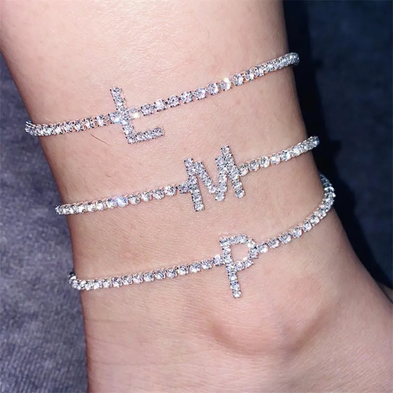 Anklets 2022 Trendy Cristal A-Z Carta Inicial Charme Anklet Tênis Corrente Braceletklet para Mulheres Moda Personalidade Jóias SL038