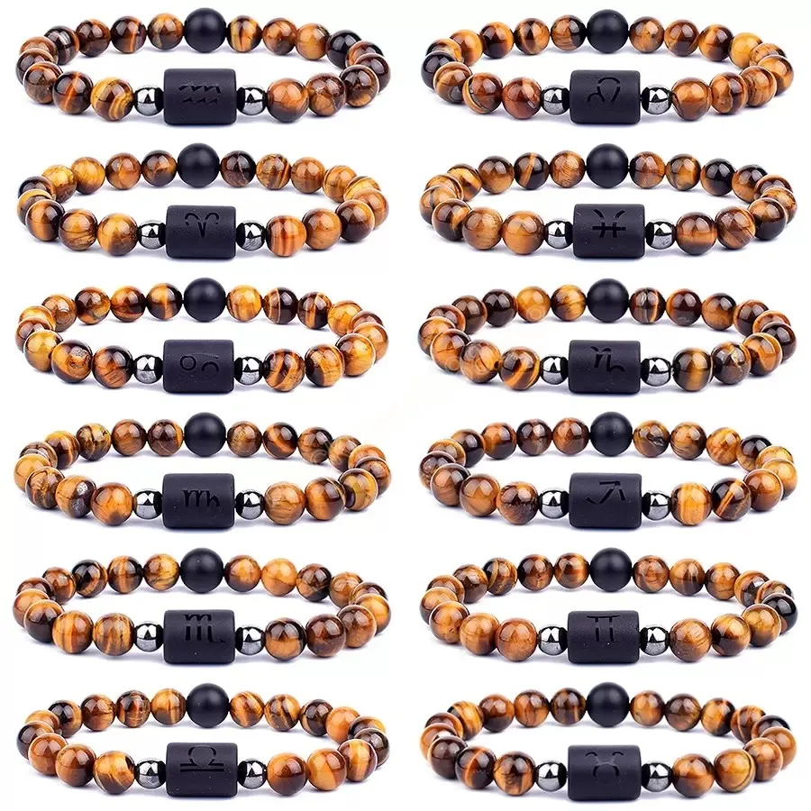 Pietra occhio di tigre 12 costellazioni Coppia braccialetti da uomo Leone Ariete Acquario Sagittario Zodiaco Bilancia Bracciali per donne Gioielli dell'amicizia