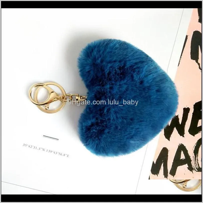 new rabbit fur heart shape keychain soft fur lovely gold metal key chains pom poms plush keychain car keyring bag earrings accessories