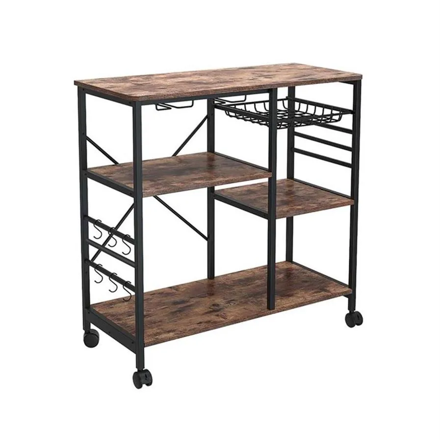 Amerikaanse voorraad keuken plank magnetron rack bord met 6 haken en 4 verwijderbare stop wielen, geschikt voor keuken / thuiskantoor / badkamer A53 A50