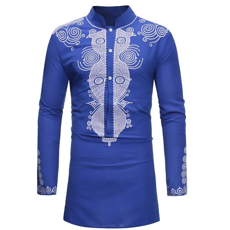 Etnische kleding Blauw Afrikaanse Dashiki Print Jurk Shirt Mannen 2021 Merk Streetwear Longline Clothes Slim Fit Lange Mouw Chemise Homme