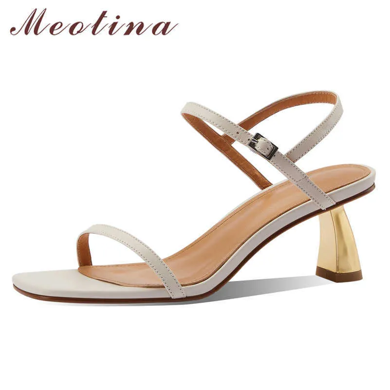 Meotina Sandals Shoes Women Genuine Leather Sandals Narrow Band High Heel Shoes Square Toe Hoof Heel Lady Footwear Summer Black 210608