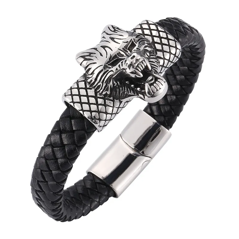 Skraj punk äkta läder rostfritt stål ravenous wolf charm armband