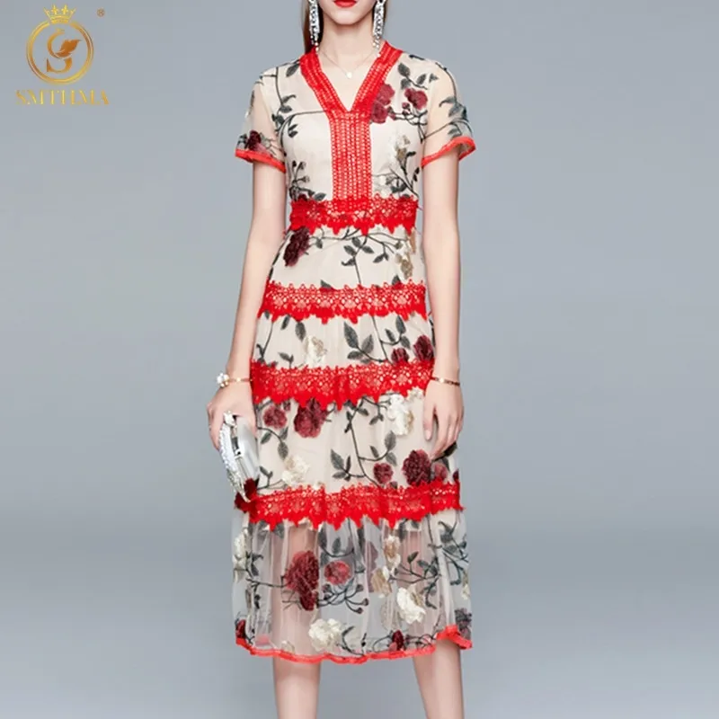 Мода женские летние платья дамы с коротким рукавом кружева лоскутная вышивка сетки платья Vestidos 210520